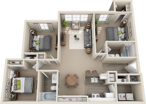 A 3D floor plan of a small apartment with a kitchen, living room, and two bedrooms.